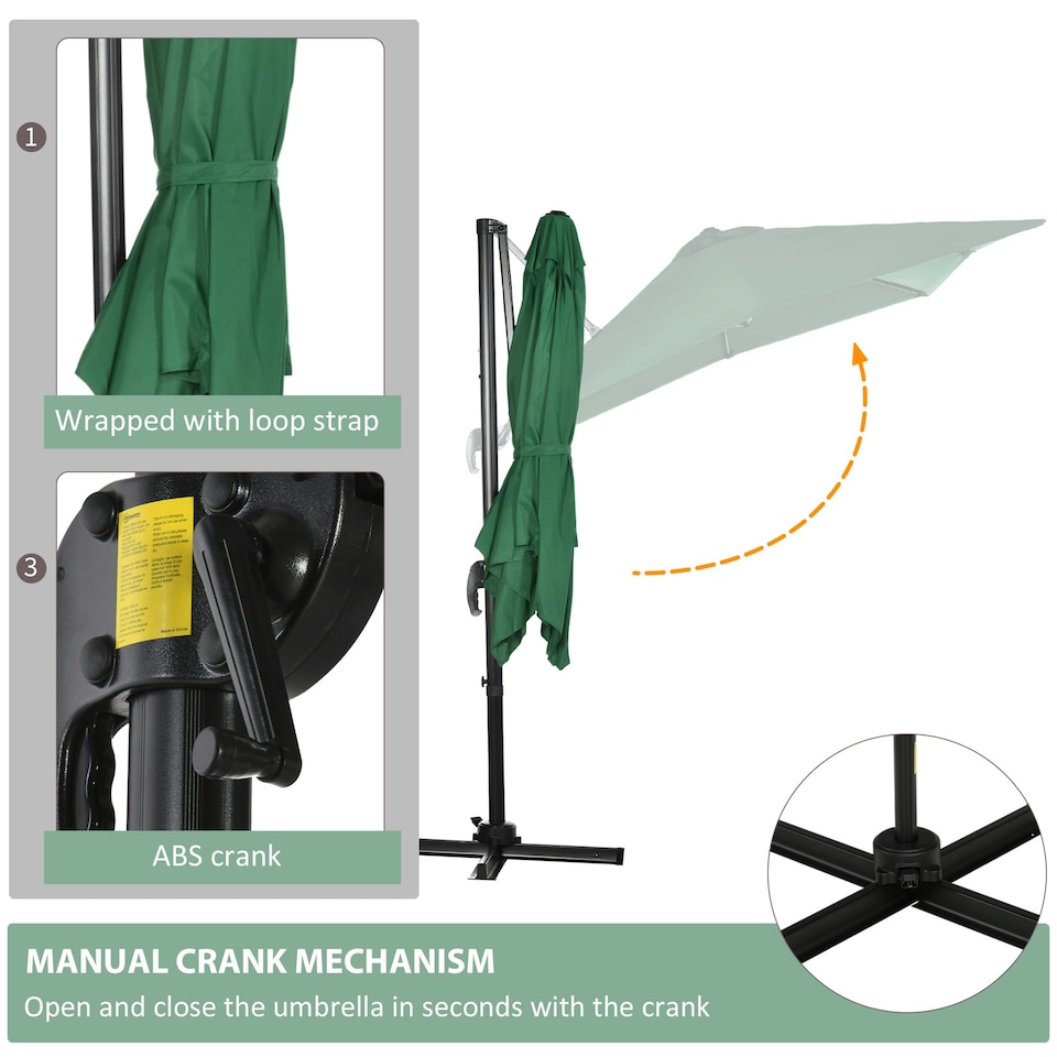 image 1 of Outsunny Square Cantilever Roma Parasol, 360-Degree Rotation, Green