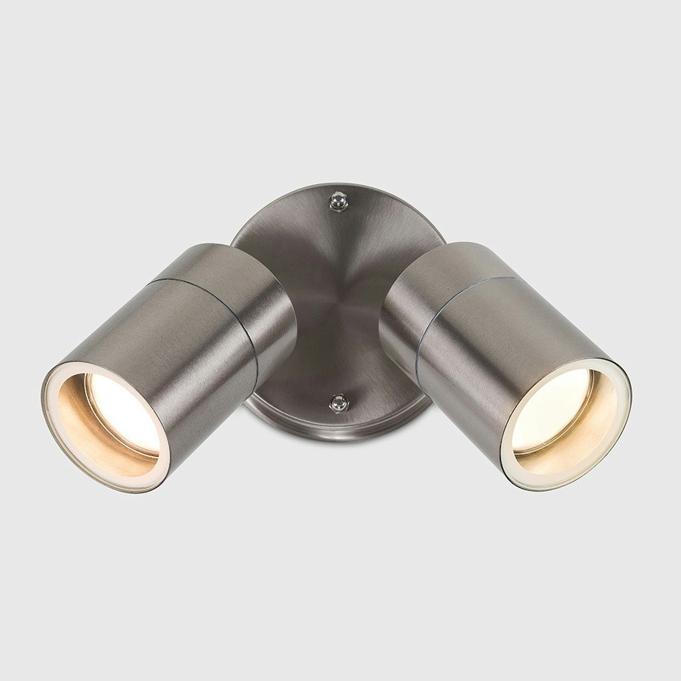 image 1 of ValueLights Silver Twin Spotlight Outdoor Garden IP44 Wired Wall Light | Silver