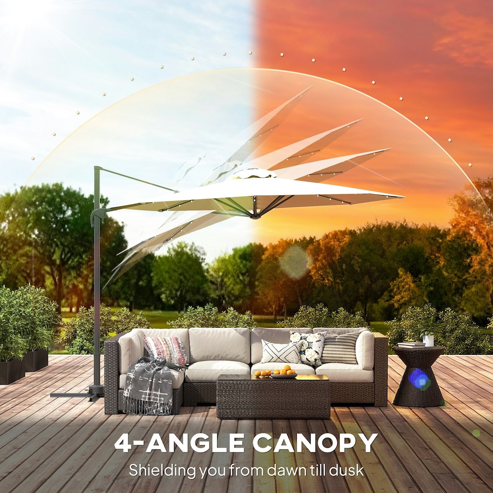 image 1 of Outsunny 3(m) Cantilever Parasol Patio Sun Umbrella w/ Base Solar Lights Beige