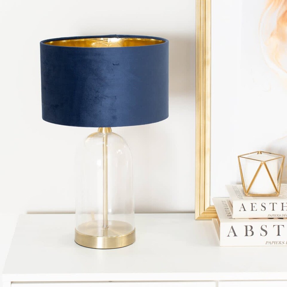 image 1 of ValueLights Jessy Glass Gold Table Lamp Navy Velvet Gold Inner Shade | Blue