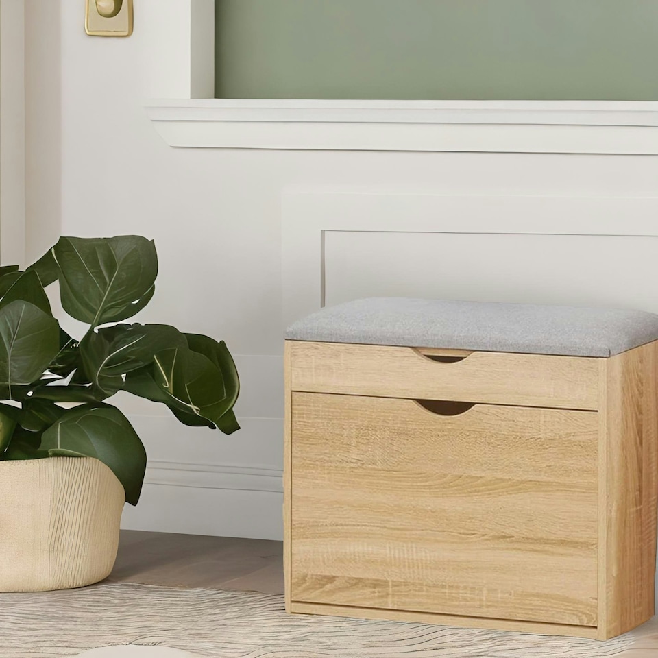 image 1 of Shoe Storage Bench With Cushioned Seat and Hidden Storage Natural Brown Brown