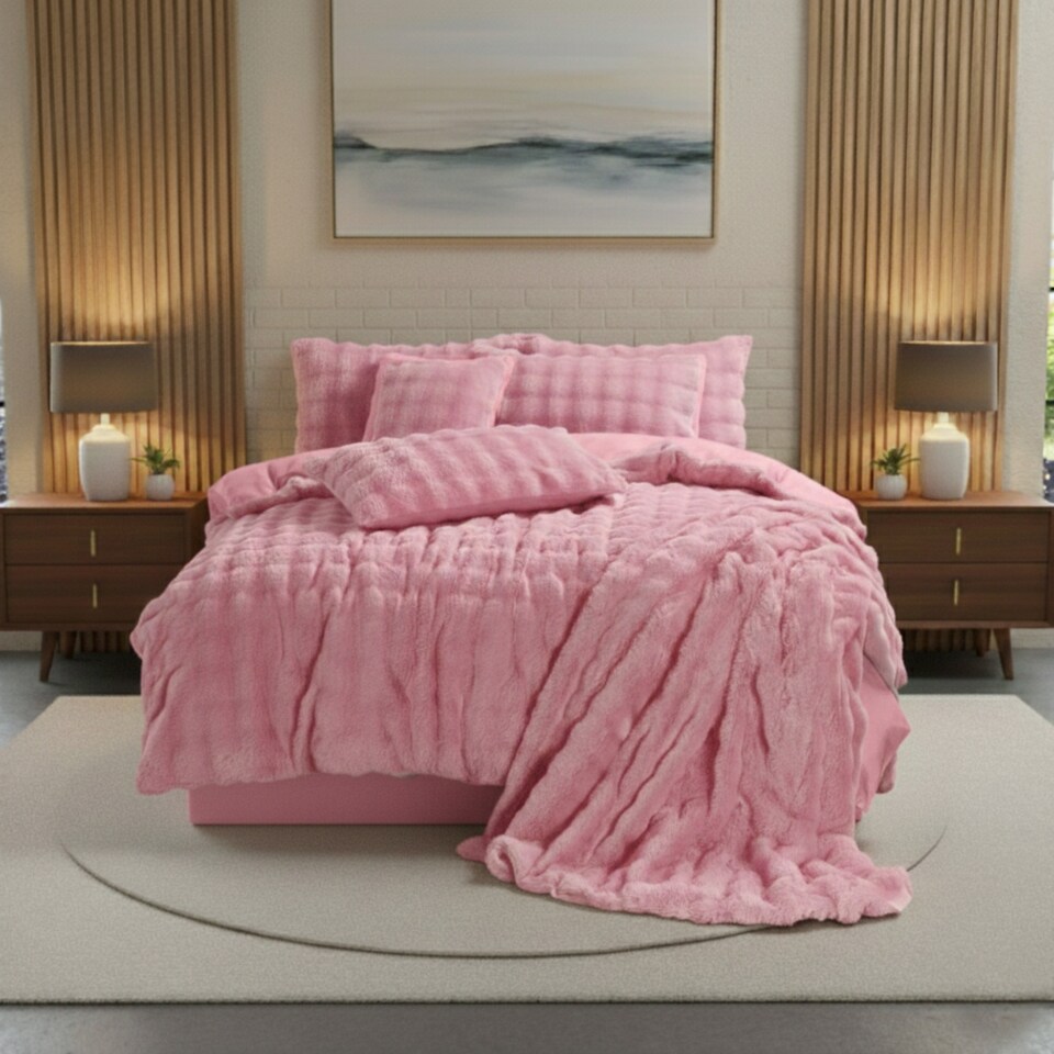 image 1 of Rabbit Faux Fur Teddy Duvet Cover Set Ultra Soft Plush Bedding | Pink | Super King