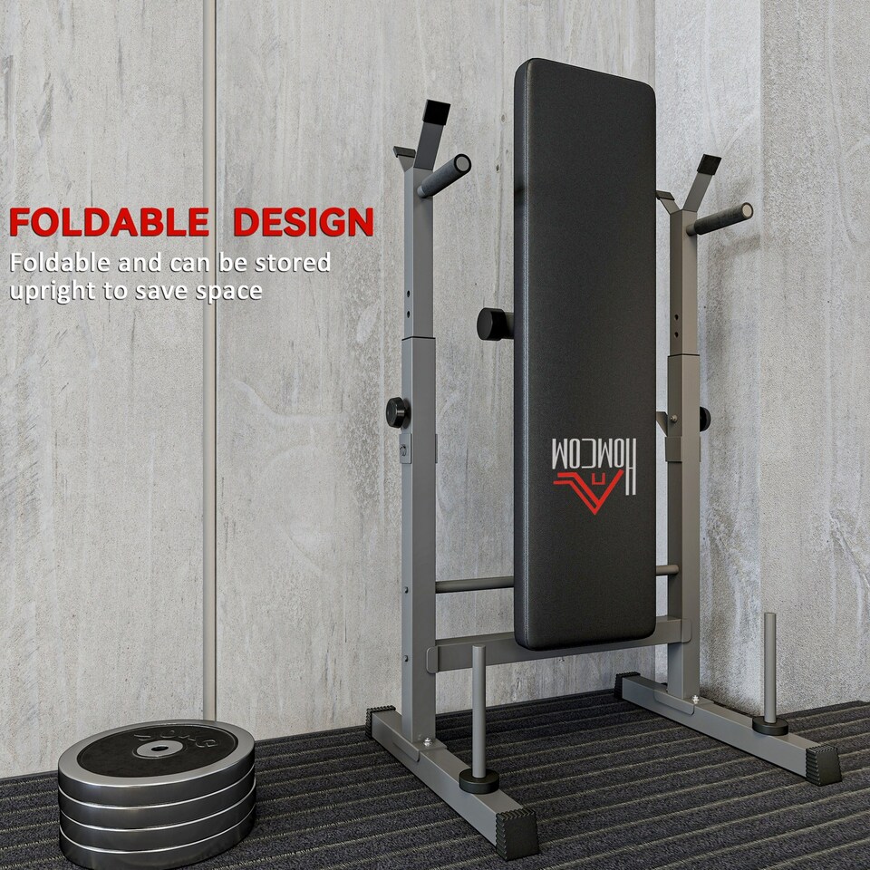 image 1 of HOMCOM Adjustable Weight Bench with Barbell Rack, Dip Station, Grey