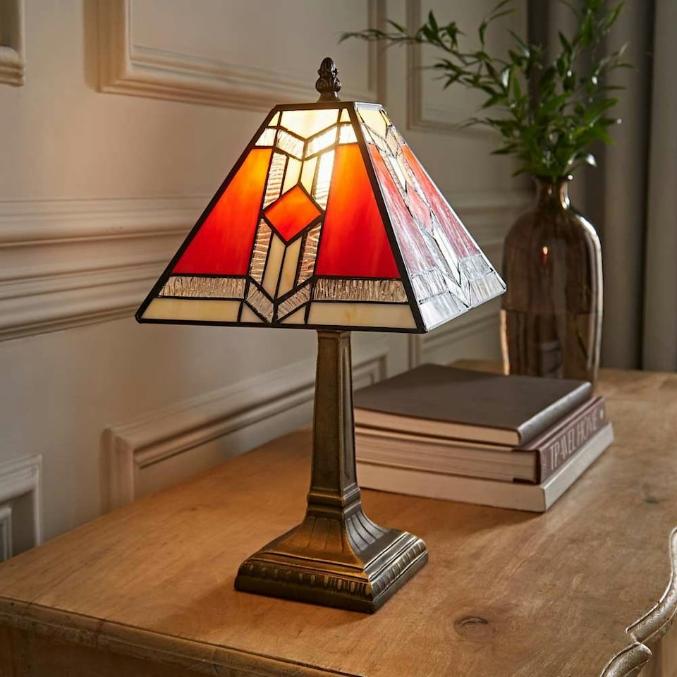 image 1 of ValueLights Tiffany Red Stained Glass Shade Brass Table Lamp Red