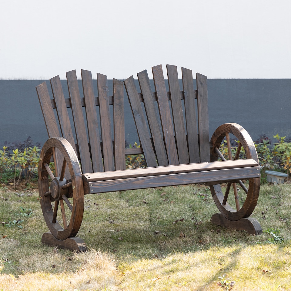 image 1 of Outsunny 2 Seater Garden Bench w/ Wheel-Shaped Armrests Carbonized Colour | Brown