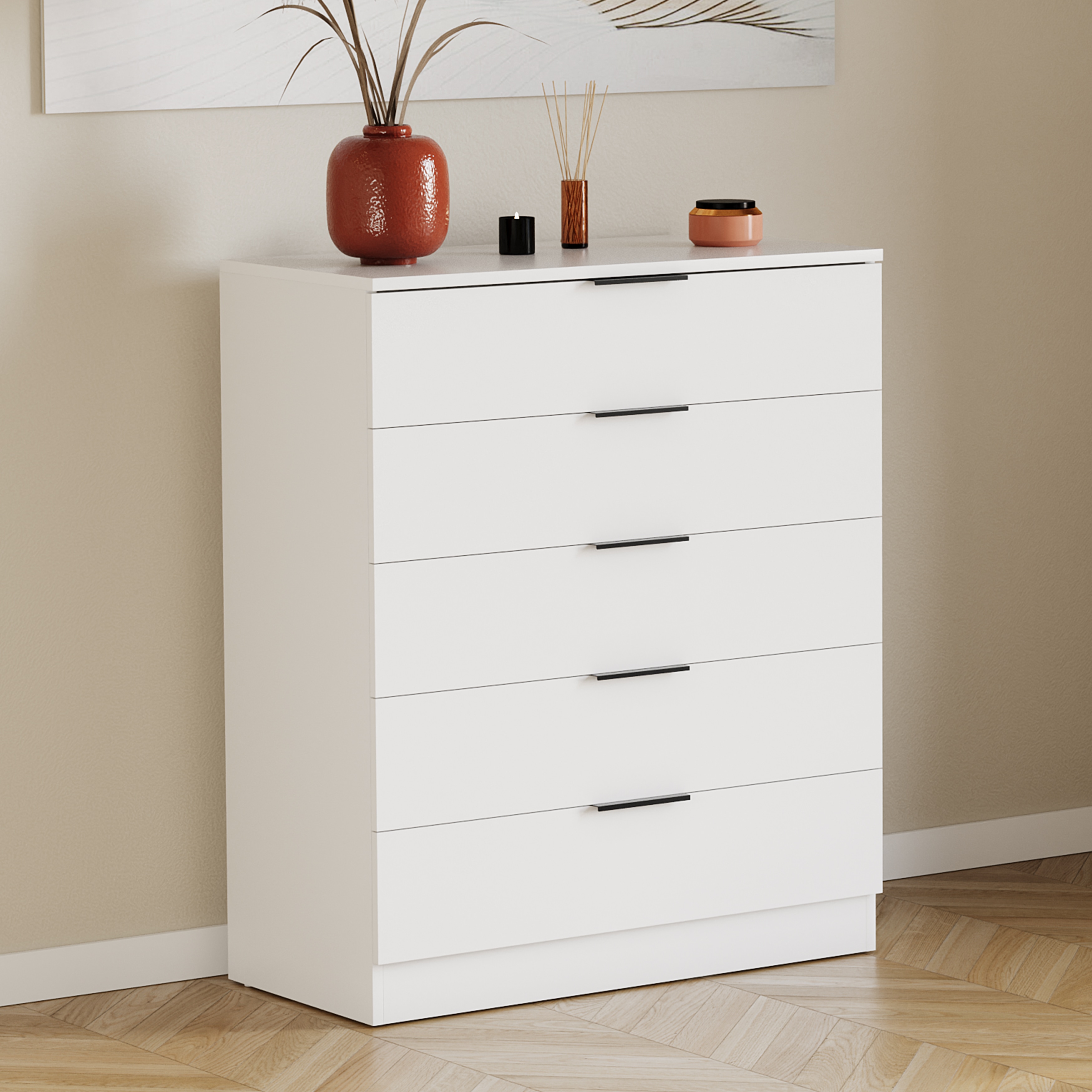 Vida Designs Trega 5 Drawer Chest of Drawers Bedroom Clothing Organiser Storage Unit - White