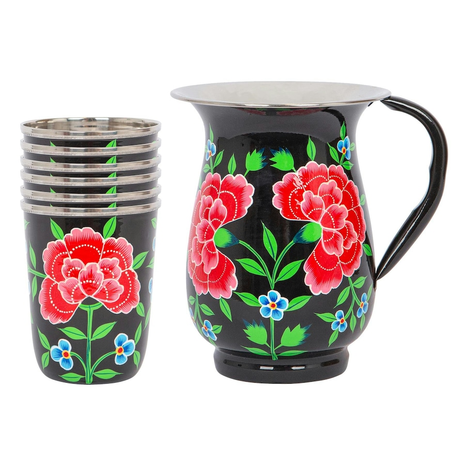 image 1 of BillyCan Hand-Painted Picnic Water Jug with 300ml Cups - 1.7L - Carbon Peony | Black