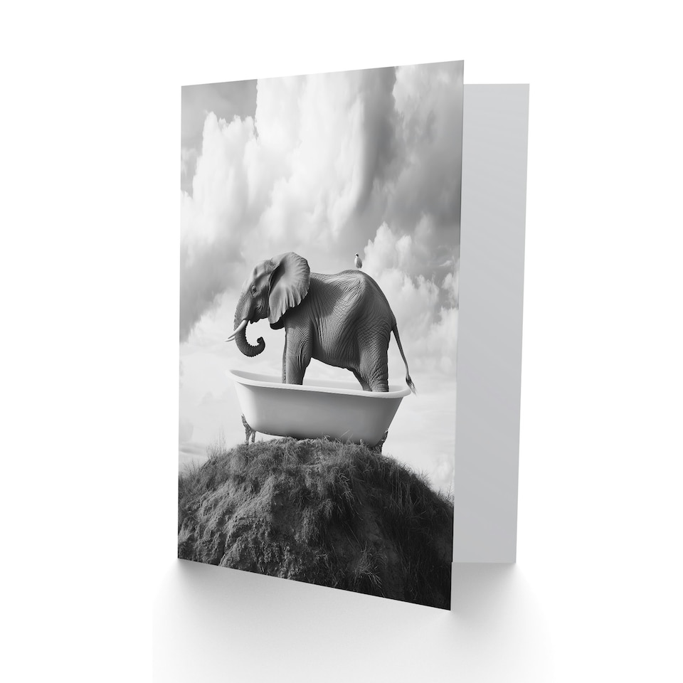 image 1 of Elephant in Bathtub on a Hill Black White Surreal Birthday Greeting Card