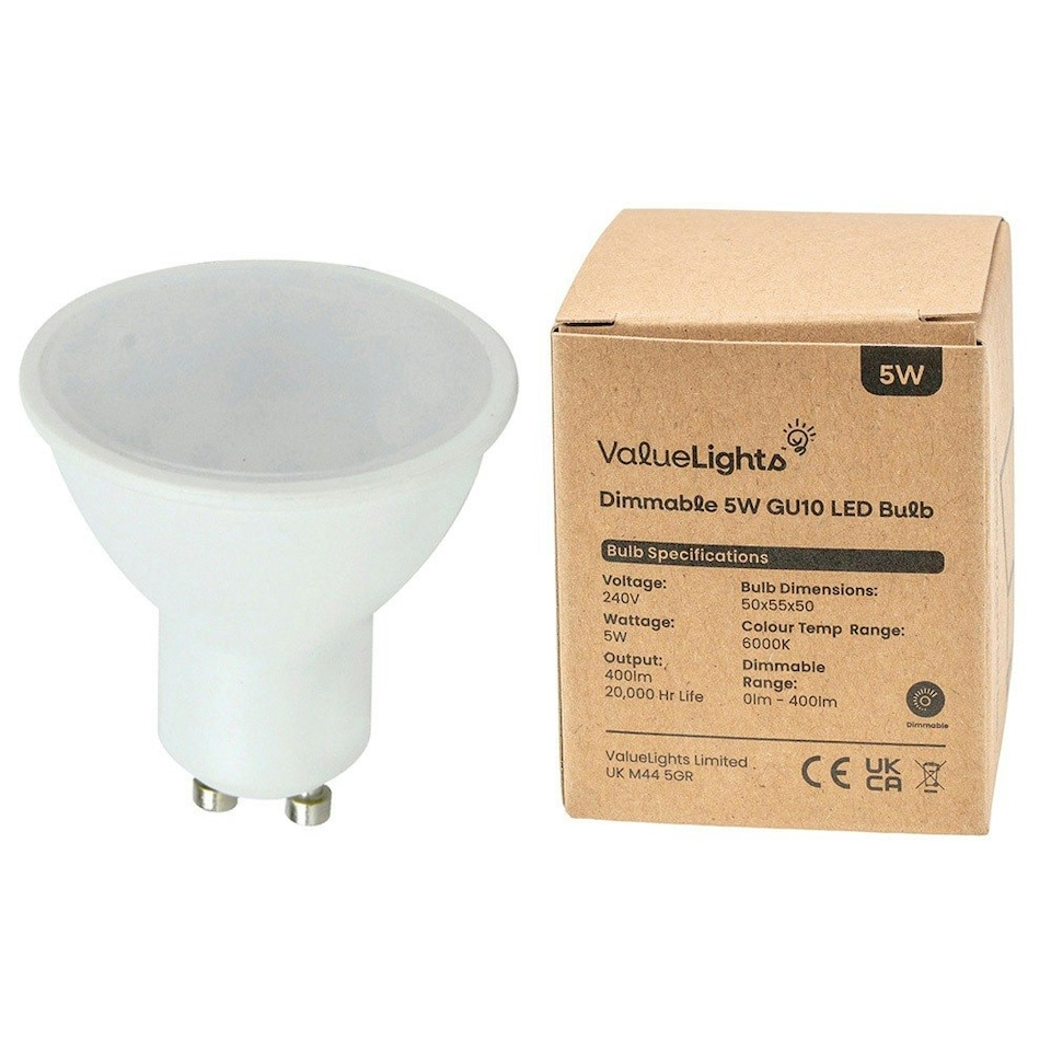 image 1 of ValueLights 12 Pack GU10 White Plastic Spotlight LED 5W Warm White 3000K 450lm Light Bulb