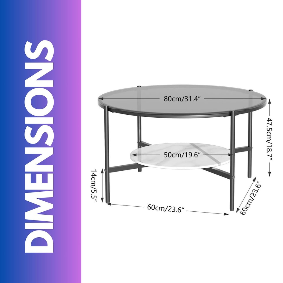 image 1 of 2 Tier Round Faux Marble Glass Coffee Table Heavy Duty Black