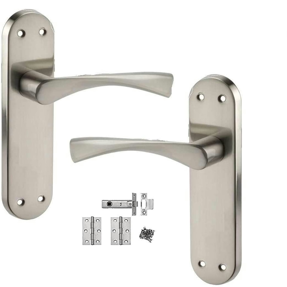 Golden Grace Astrid Door Handles on Backplate in Satin Stainless Steel Finish with Hinges & Latches - 182mm x 45mm Grey
