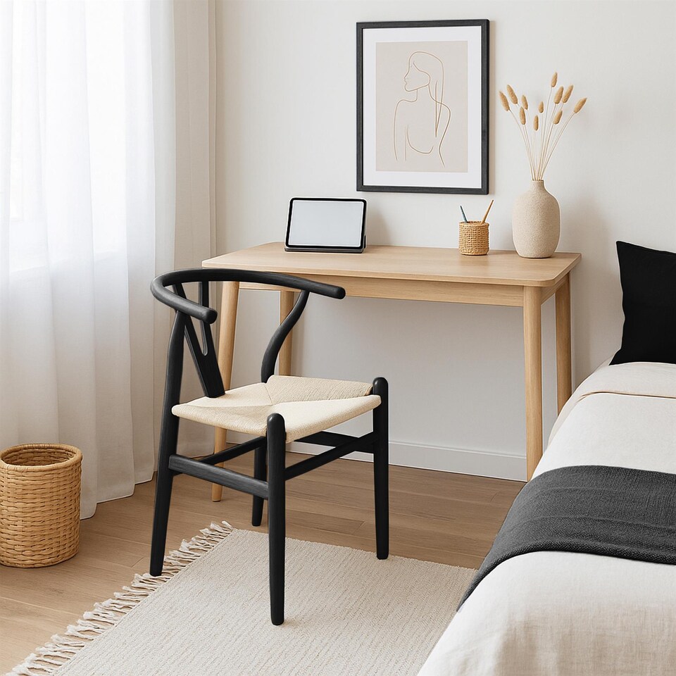 image 1 of Nicholas Winter 8x Beech Wooden Danish Style Dining Chairs - Black - Solid Wood Wish Beech Bone Wood Chairs | Black | Black/Natural