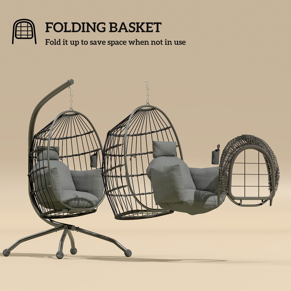 image 1 of Outsunny Egg Chair Outdoor Indoor Garden Swing Chair, Folding Basket, Grey | Grey | Dark Grey | L