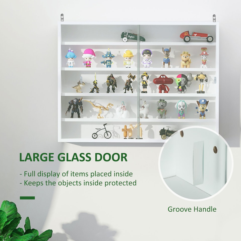 image 1 of HOMCOM 5-Tier Wall Mounted Display Cabinet, Display Case with 4 Adjustable Shelves, Glass Doors for Home Office Ornaments 60x80cm, White