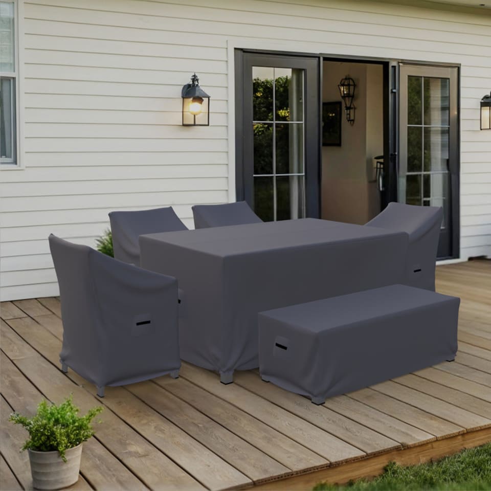 image 1 of Covers and all Travira Outdoor Dining Set Cover for 6-Person Rectangular Patio Dining Set Water-Repellent UV-Resistant Polyester with Tie-Downs, 23 W