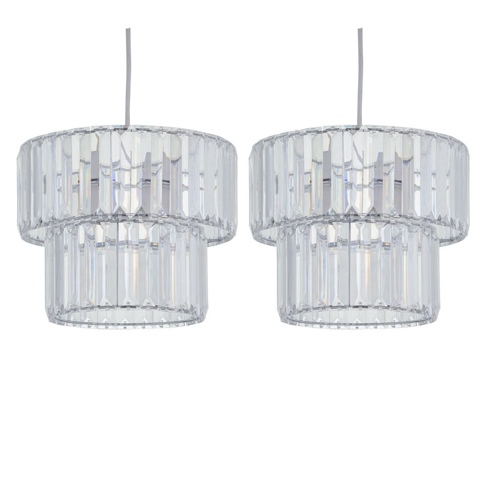 image 1 of Set of 2 Clint - Clear Acrylic Crystal Two Tier Easy Fit Pendant Shades | Clear | Chrome | Medium | 2