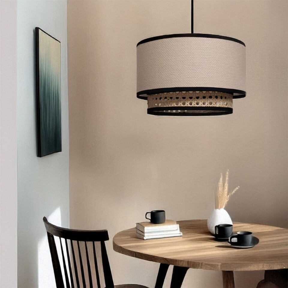 image 1 of Set of 2 Koral - Natural Rattan and Cane 25 cm Easy Fit Two Tier Pendant Shades | Cream | Medium | 2