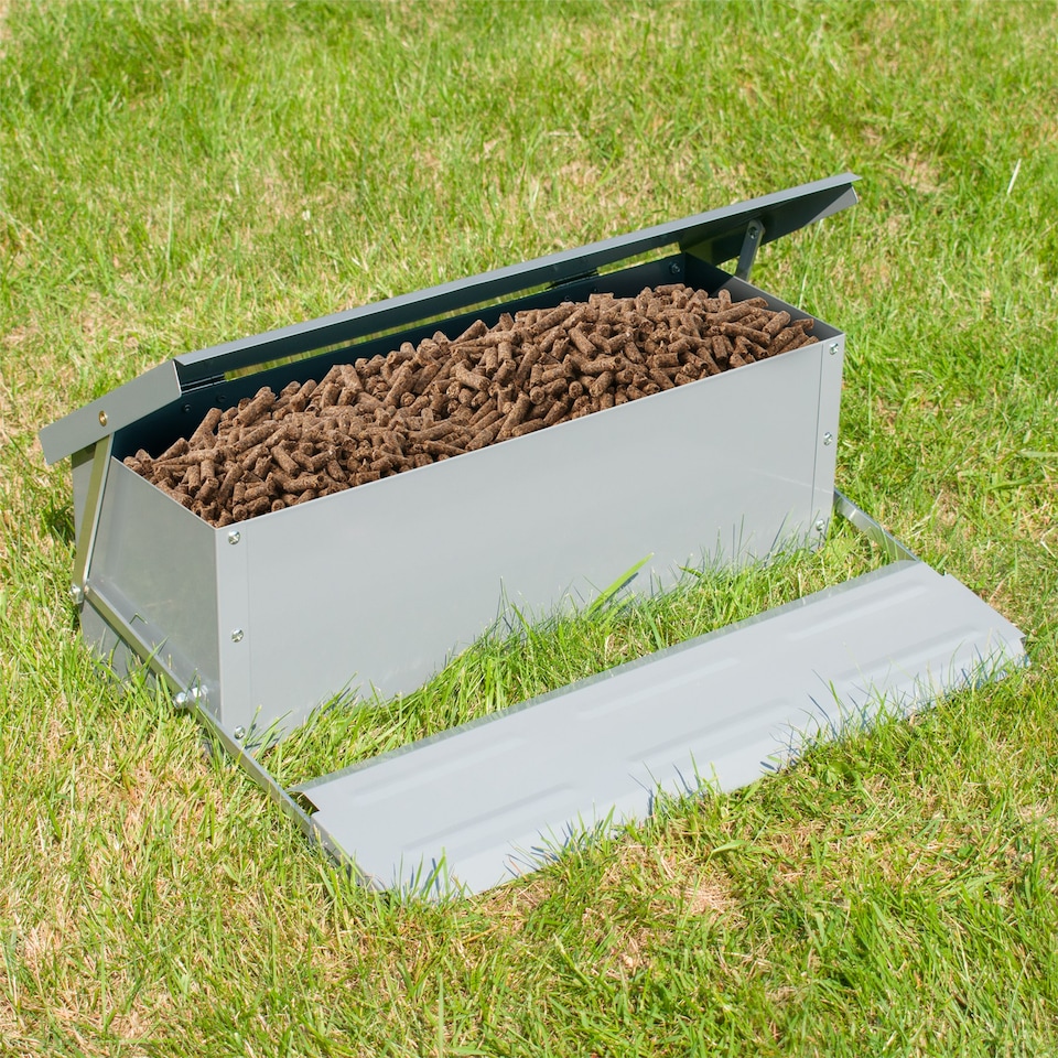 image 1 of KCT 10kg Automatic Chicken Feeder Self Opening Grey Steel Trough Poultry Treadle | Grey | 1