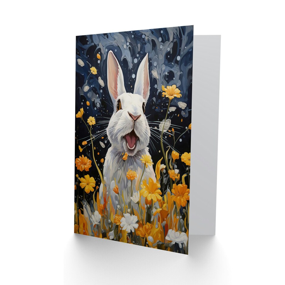 image 1 of Moonlit White Florals Kids Rabbit Birthday Child Card