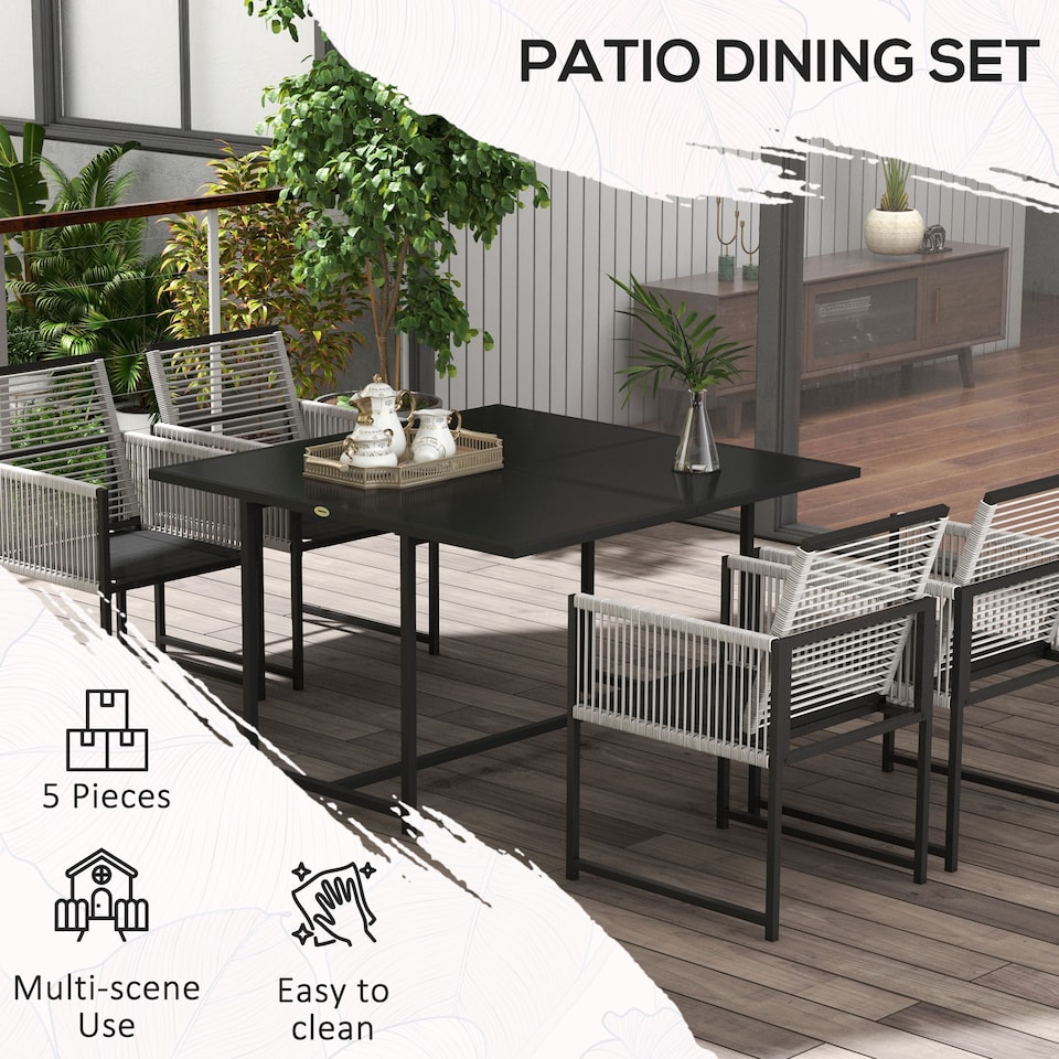 image 1 of Outsunny 5 Pieces Garden Dining Set, Outdoor Patio Cube Set, 4 Seater Outdoor Table and Chairs with Foldable Backrest, Tempered Glass Top, Handwoven Rope for Poolside, SpaceSaving, Light Grey | Grey | 1
