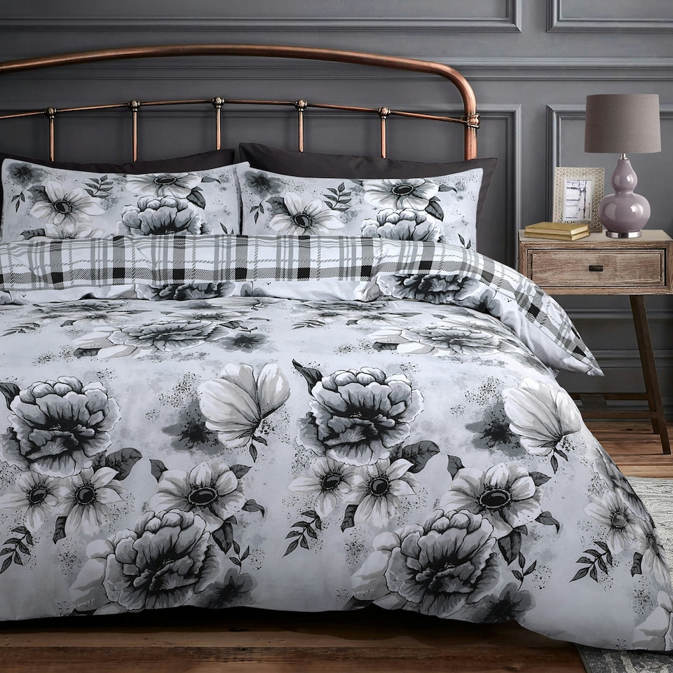 image 1 of Velosso Cassia Floral Reversible Printed Cotton Blend Duvet Cover and Pillowcase Set Grey | King