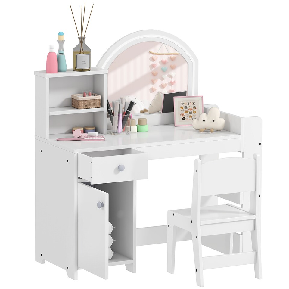 image 1 of AIYAPLAY Kids Vanity Table and Chair Set, Girls Dressing Table with 2-Colour LED Mirror, Stool, Cabinet, Drawer, Bookshelf and Shelves for Ages 3-8 Years | White