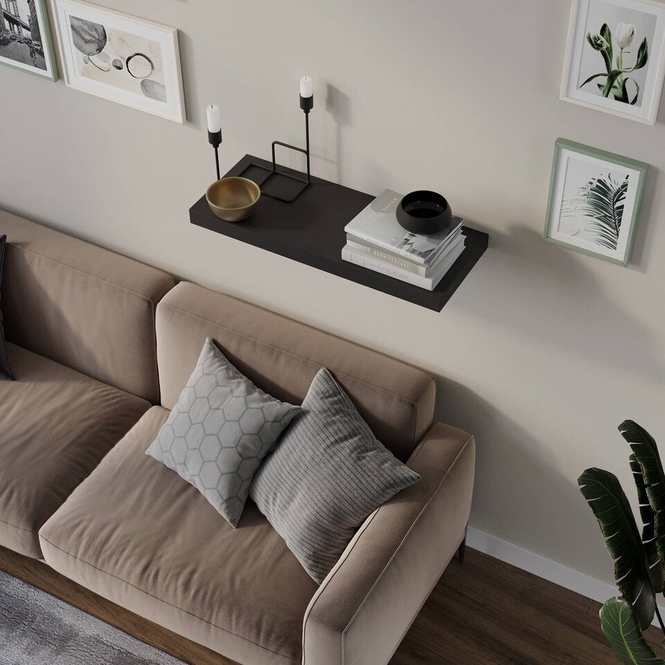 image 1 of Floating Wooden Wall Shelves - 60x23.5cm | Black | Black & Set of 3 | 3