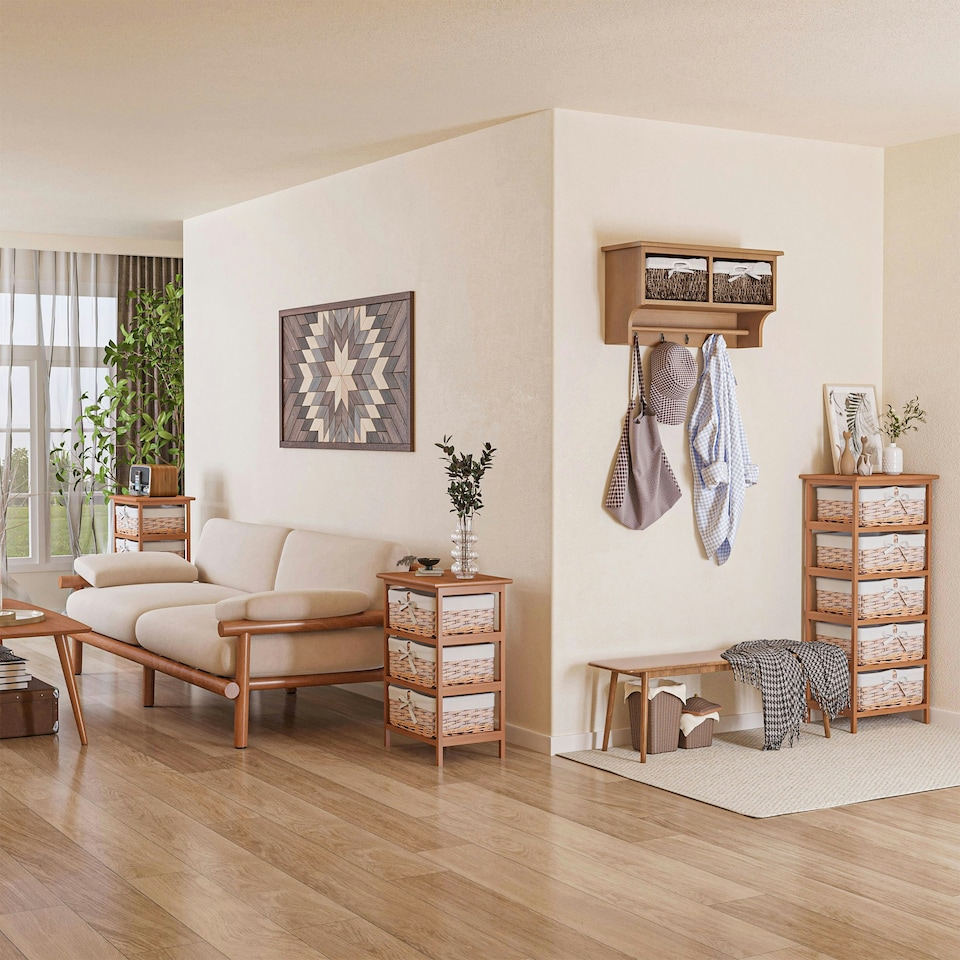 image 1 of HOMCOM 5 Drawer Wicker Basket Storage Shelf Unit Wooden Frame Home Natural