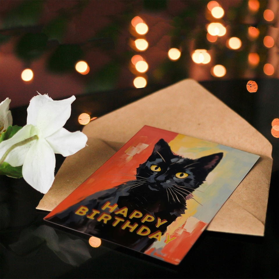 image 1 of Black Cat Lover Painting For Him Her Birthday Card