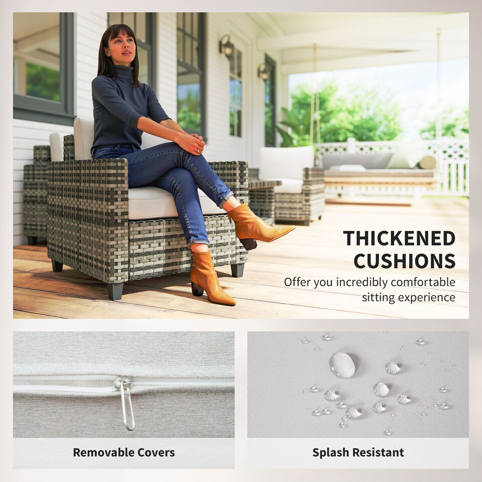 image 1 of Outsunny 6 Pieces Rattan Garden Furniture Set, 5 Seater Wicker Outdoor Furniture Set with 2 Armchairs, Steel Frame Coffee Table and Cushions for Balcony, Porch, Light Grey