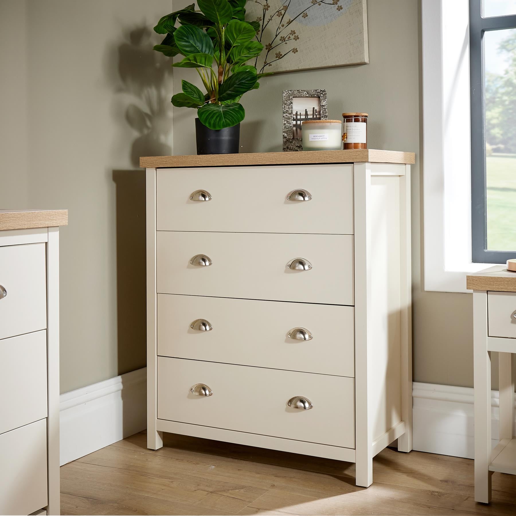 Chest of Drawers Oak Top Metal Handles Bedroom Storage Furniture | White