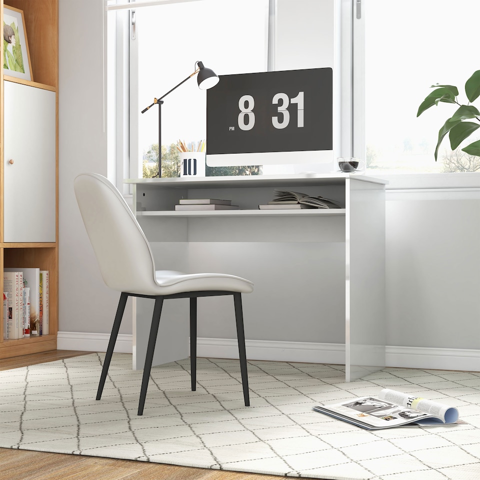 image 1 of HOMCOM Modern Computer Desk, Home Office Table, Small Writing Desk with Storage Shelf, 90 x 50cm, High Gloss White