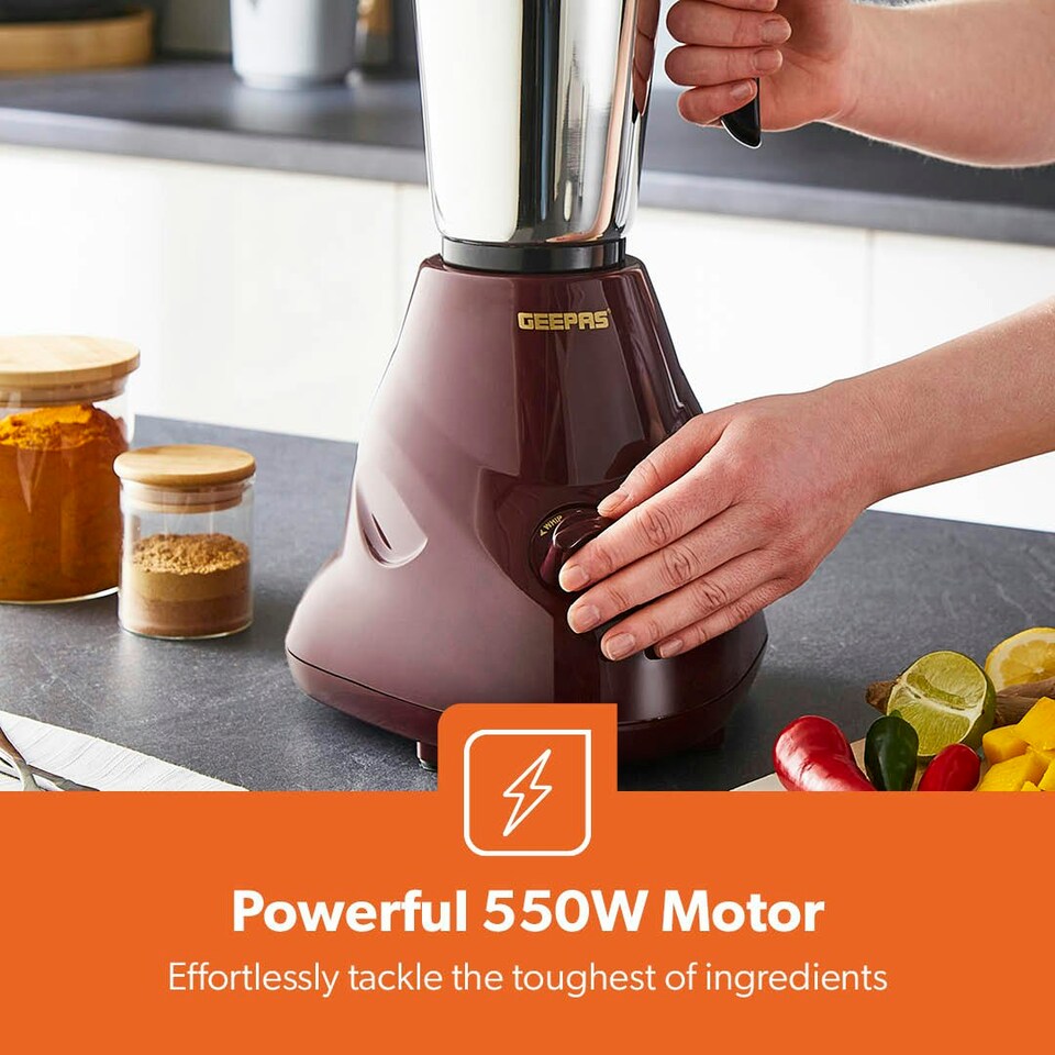 image 1 of GEEPAS 2 In 1 Mixer Grinder Stainless Steel Jars 550W Maroon