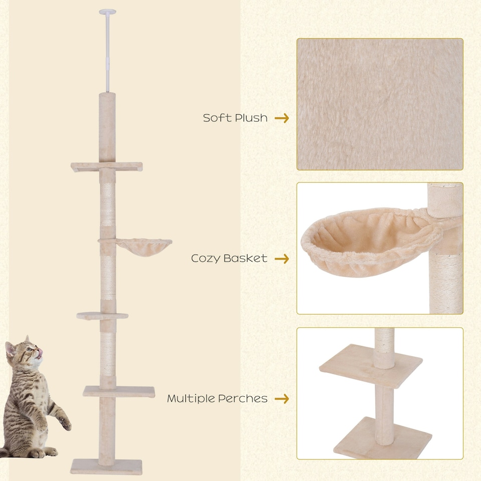 image 1 of PawHut Floor to Ceiling Cat Tree 5-Tier Climbing Tower Scratching Post Beige