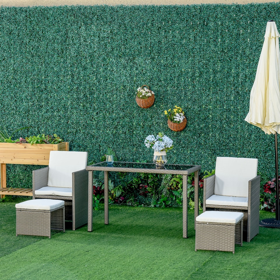 image 1 of Outsunny 2 Seater Rattan Cube Garden Furniture Set, Rattan Dining Set with Cushions, Outdoor Dining Table and Chairs with 2 Armchairs, 2 Stools, Rectangular Glass Top Table for Patio, Balcony, Grey