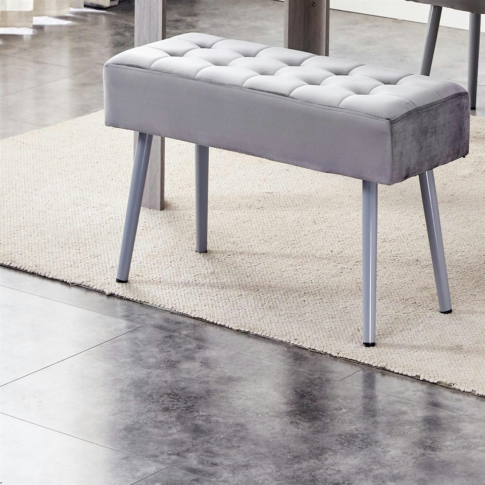 image 1 of Grey Velvet Padded Dining Bench with Metal Legs 90 cm Length, Dining Room Furniture Grey
