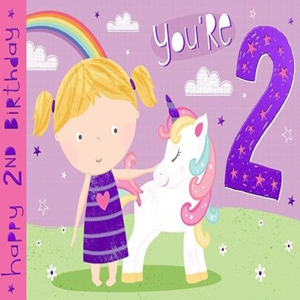 Words 'n' Wishes Girl Happy 2nd Birthday Card - Unicorn Rainbow