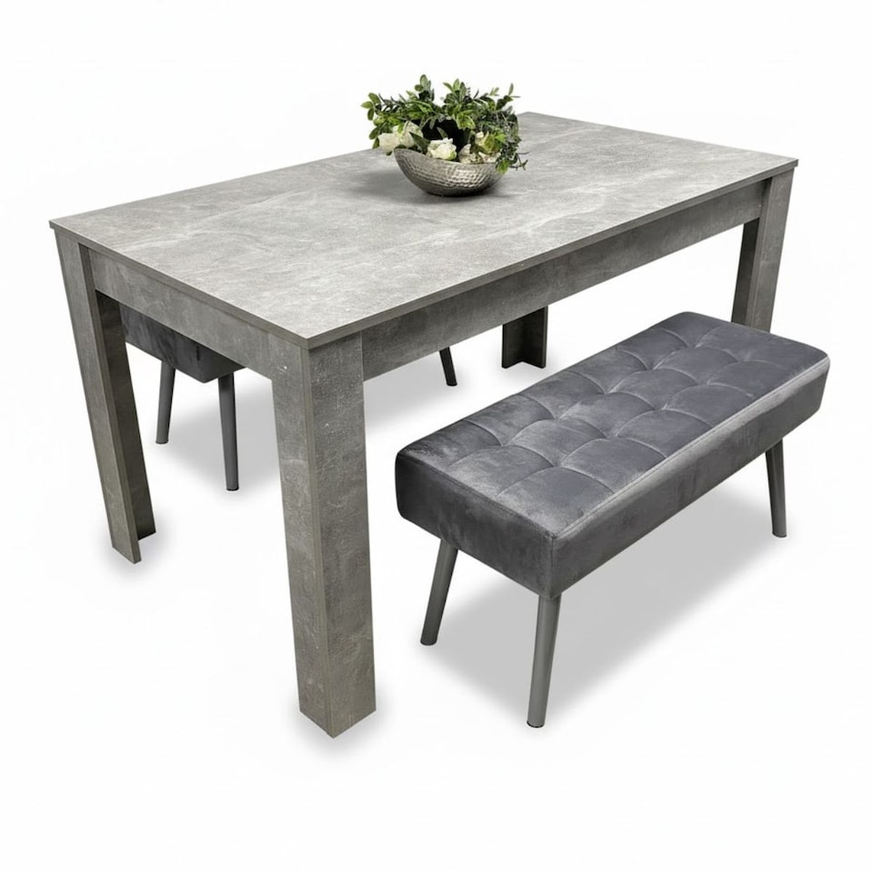 image 1 of Stone Grey Effect Wood Dining Table Set with 2 Grey Velvet Benches Stylish Dining Room Furniture