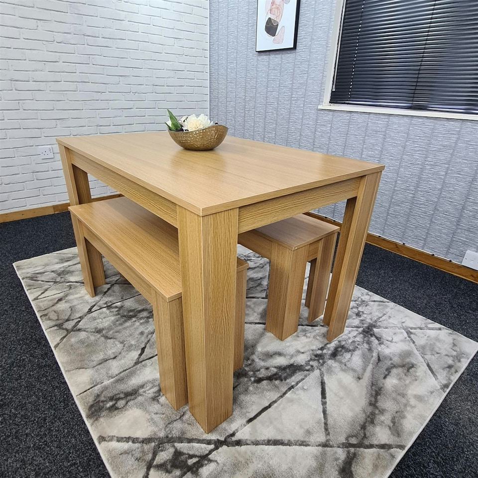 image 1 of Stone Grey Effect Wooden Dining Table with 2 Grey Wood Benches Dining Room Furniture Set | Grey | One Size