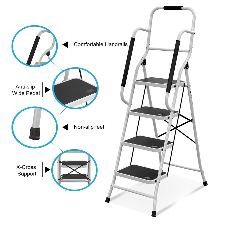 image 1 of Gr8 Home 4 Step Ladder Folding Stool Non Slip Tread Steel Foldable Home DIY With Handrail