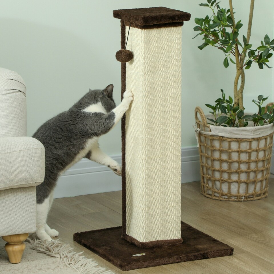 image 1 of PawHut Cat Scratching Post with Vertical Sisal Rope Ball Plush, 81cm, Brown