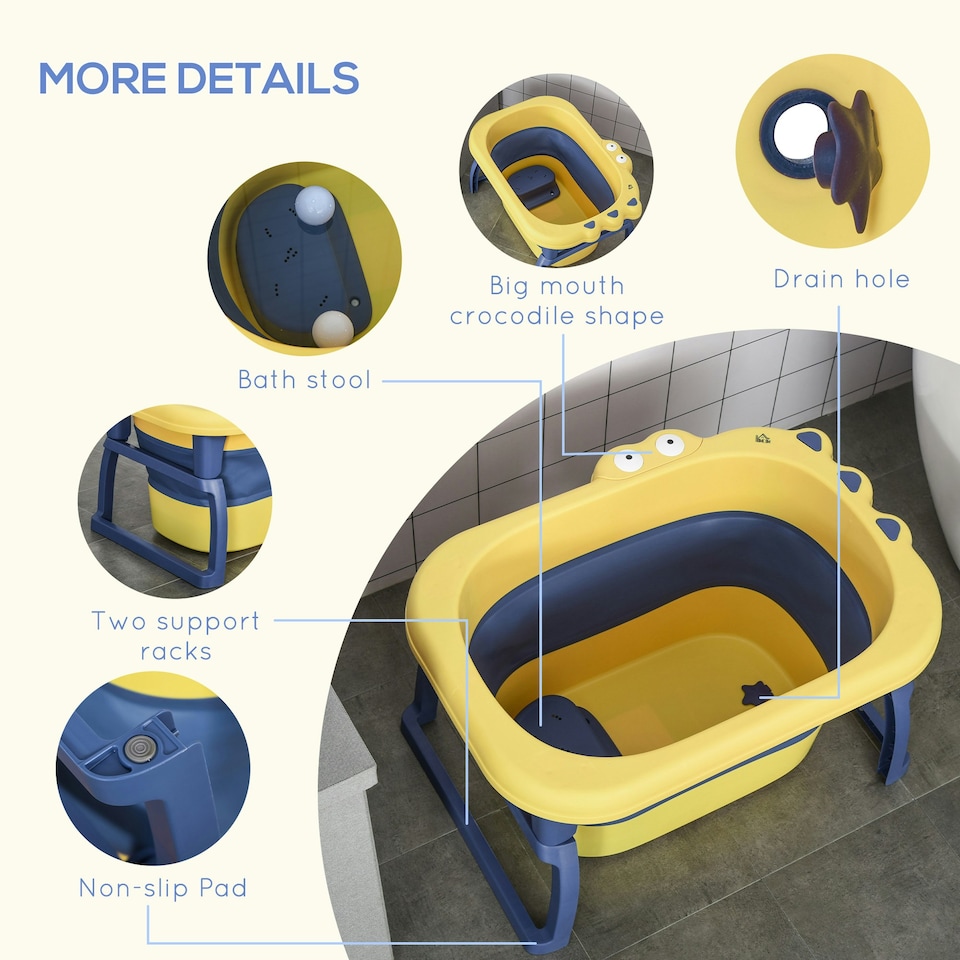 image 1 of HOMCOM Foldable Baby Bathtub for Newborns Infants Toddlers w/ Stool - Yellow