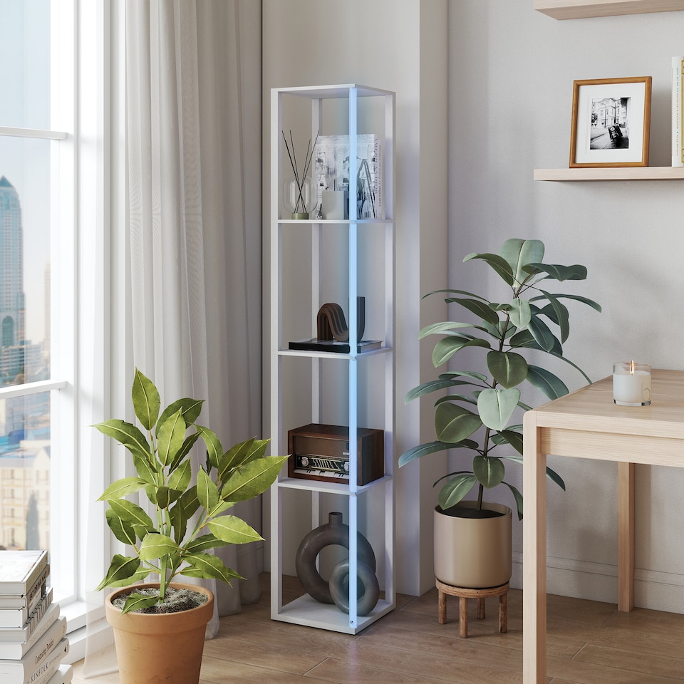 image 1 of HOMCOM RGB LED Floor Lamp with Shelves, Modern Dimmable Standing Lamp with Remote Control, Adjustable Brightness & Speed for Living Room, Bedroom, Office, White | White