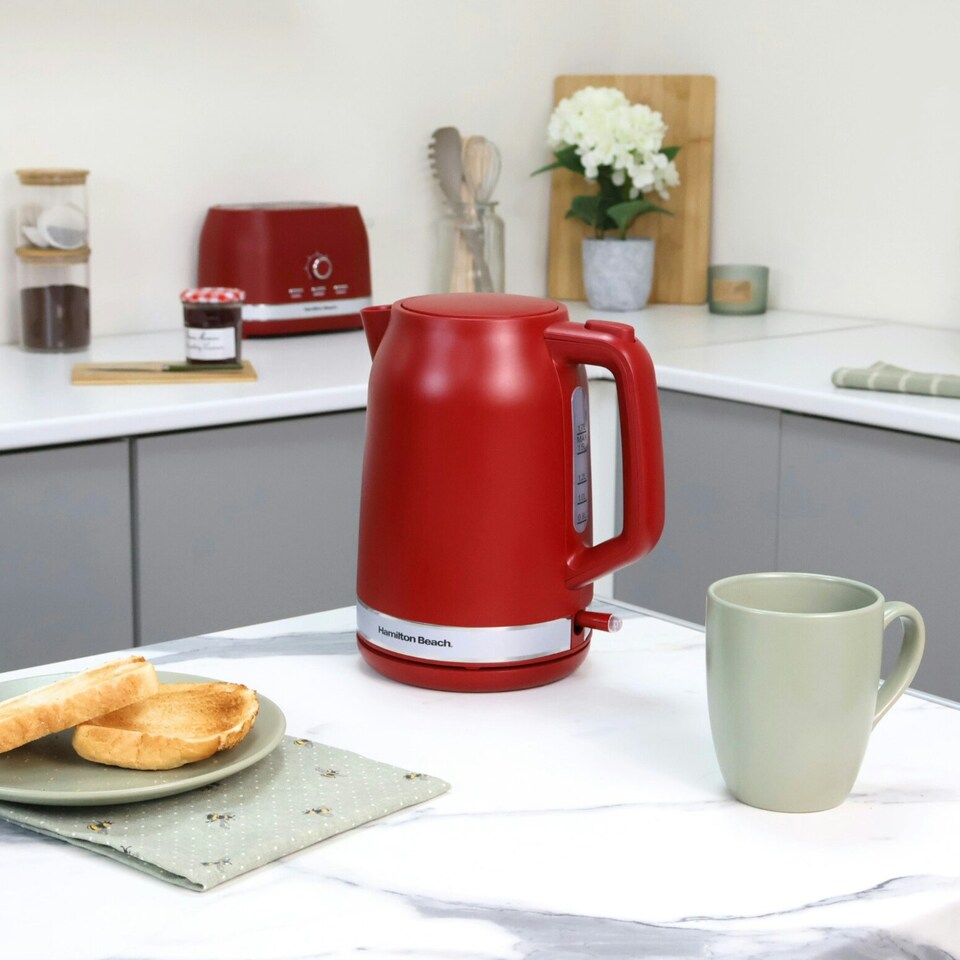 image 1 of Hamilton Beach Kettle, Toaster & Microwave Set, Ella, 1.7L Electric Kettle, Wide Slot Toaster 2 Slice, Microwave, 20L Retro, Kettle & Toaster Set, Red