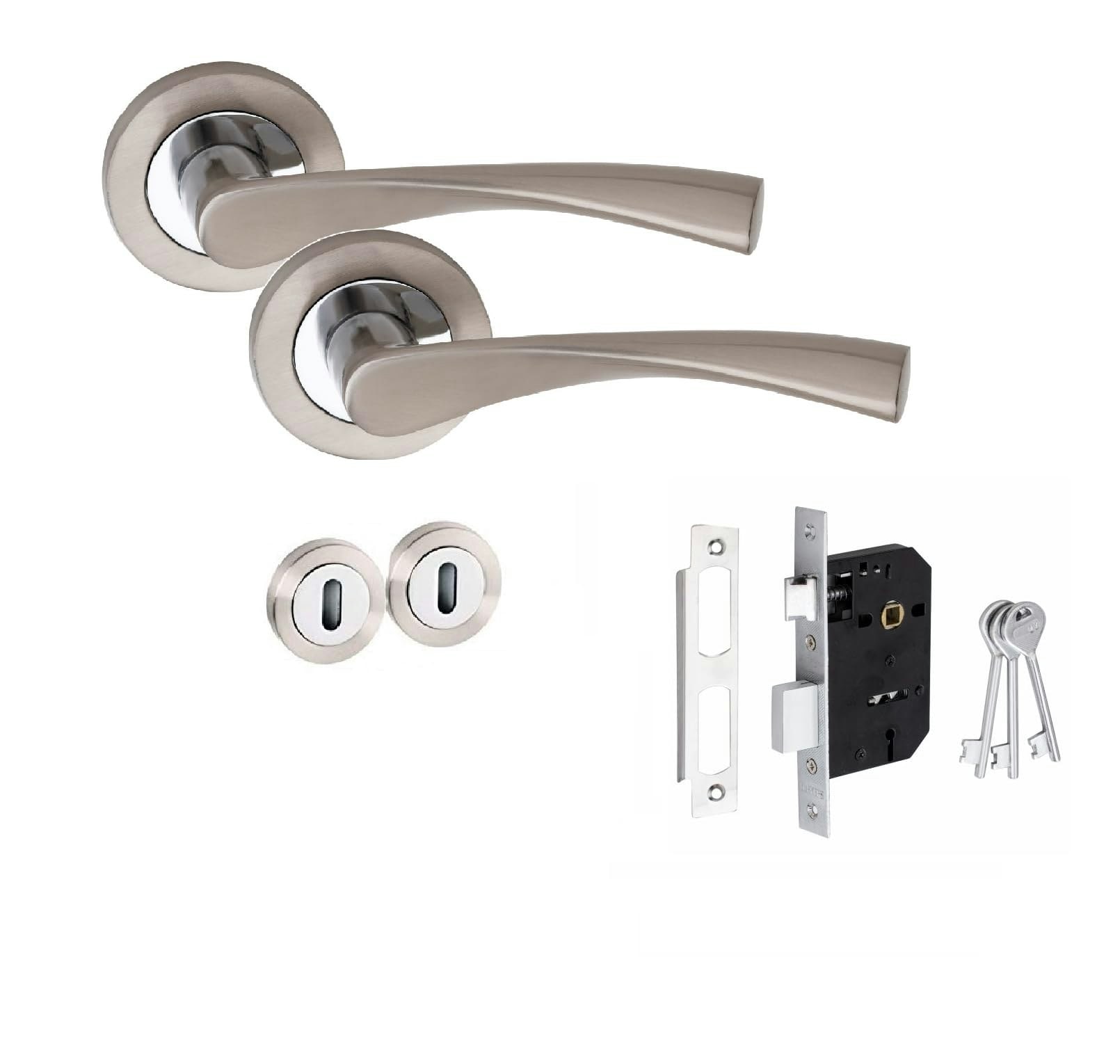 Golden Grace Astrid Design Key Lock Door Handles Set on Round Rose in Duo Chrome Finish with 64mm 3 Lever Mortise Lock & Key Hole Grey 1 Set
