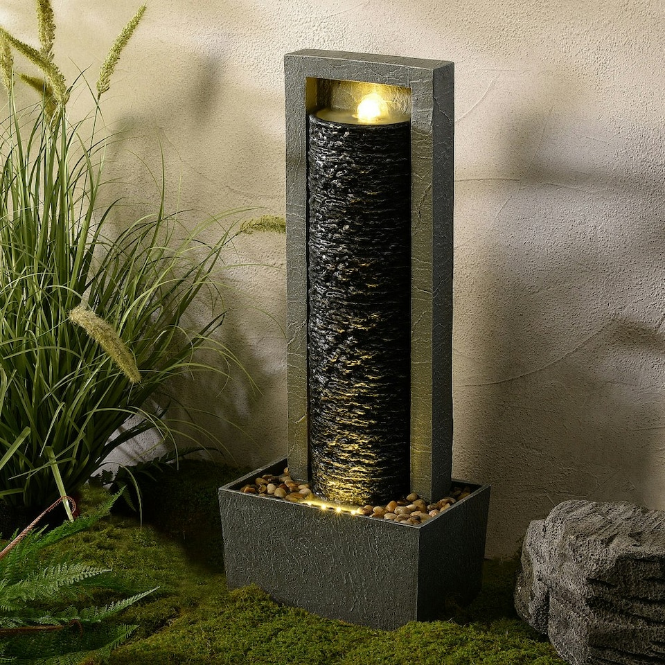 image 1 of Teamson Home Garden Outdoor Water Feature, Tall Waterfall Water Fountain, With Warm LED Lights, Layered Rock Design, Dark Grey