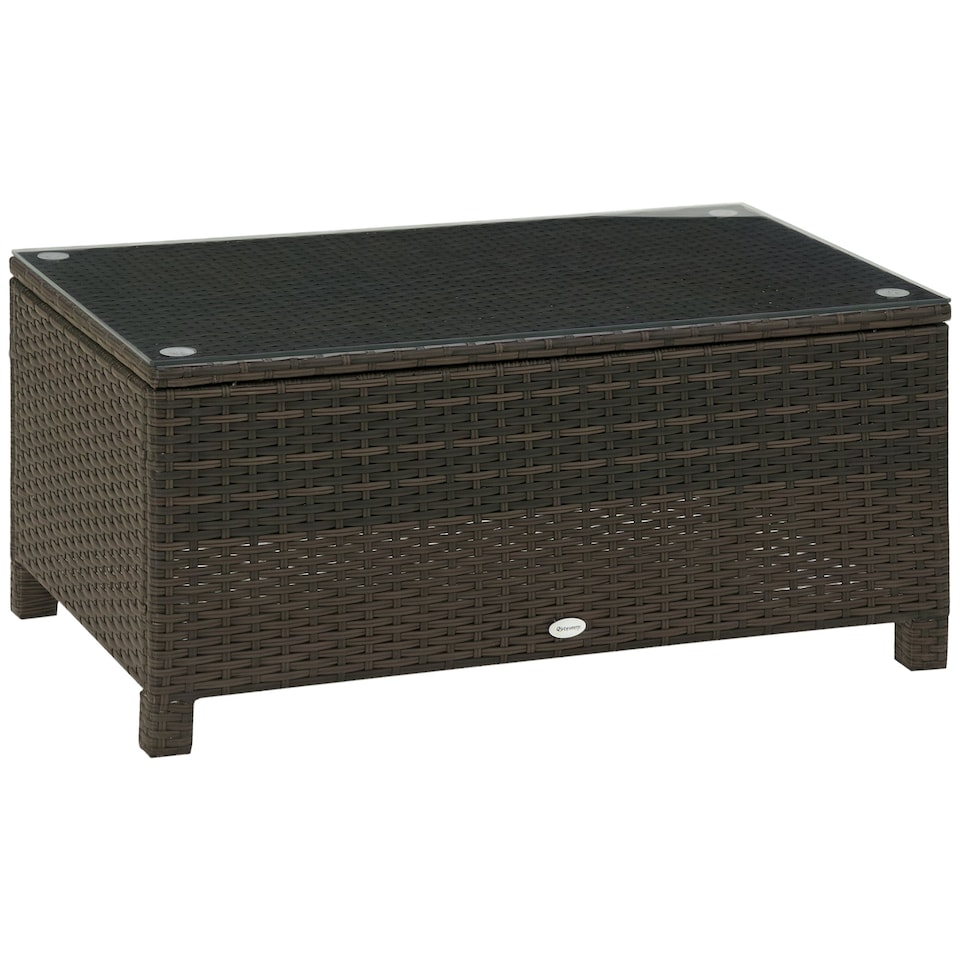 image 1 of Outsunny Garden Rattan Side Table,Wicker Coffee Desk, Glass Top, Mixed Brown