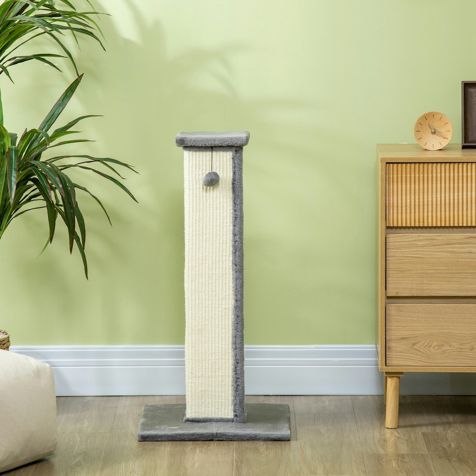 image 1 of PawHut Cat Scratching Post with Vertical Sisal Rope Ball Plush, 81cm, Grey