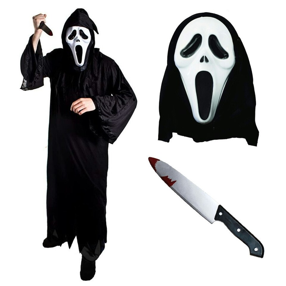 image 1 of Screaming Ghost Face Killer Costume with Knife Black | L