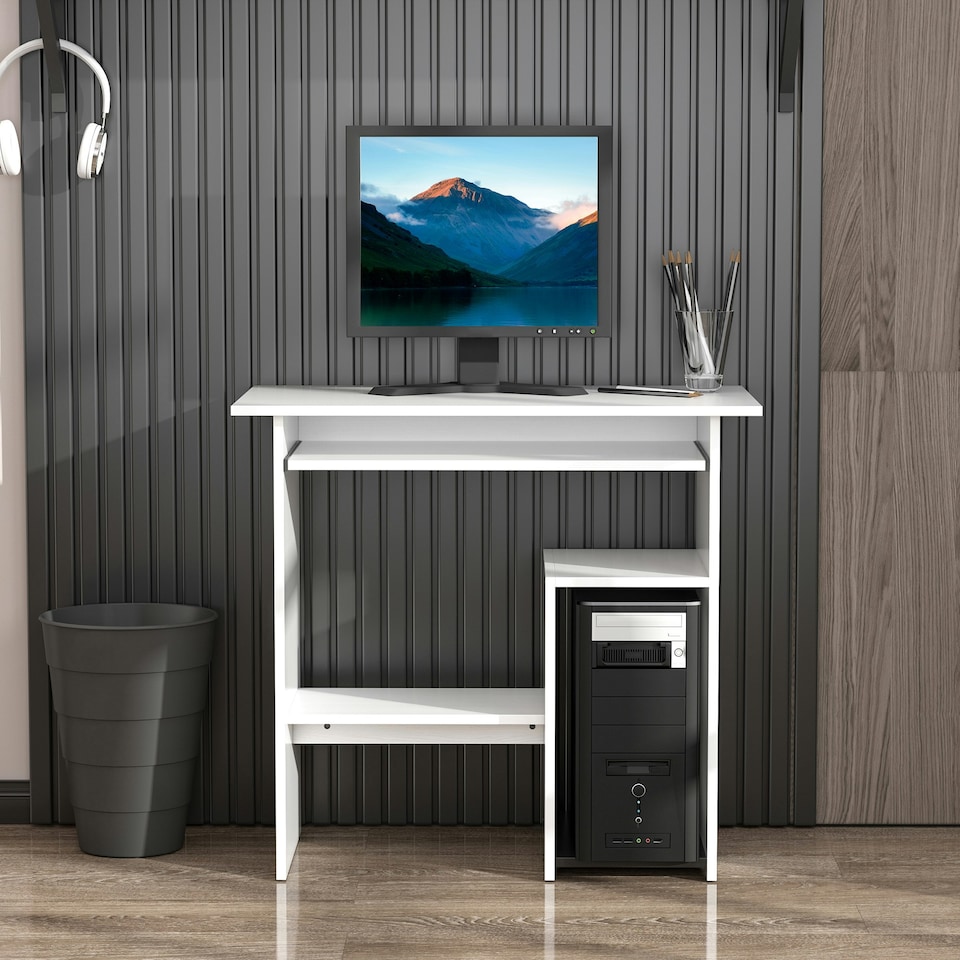 image 1 of HOMCOM Compact Small Computer Table Wooden Desk Keyboard Tray Storage White